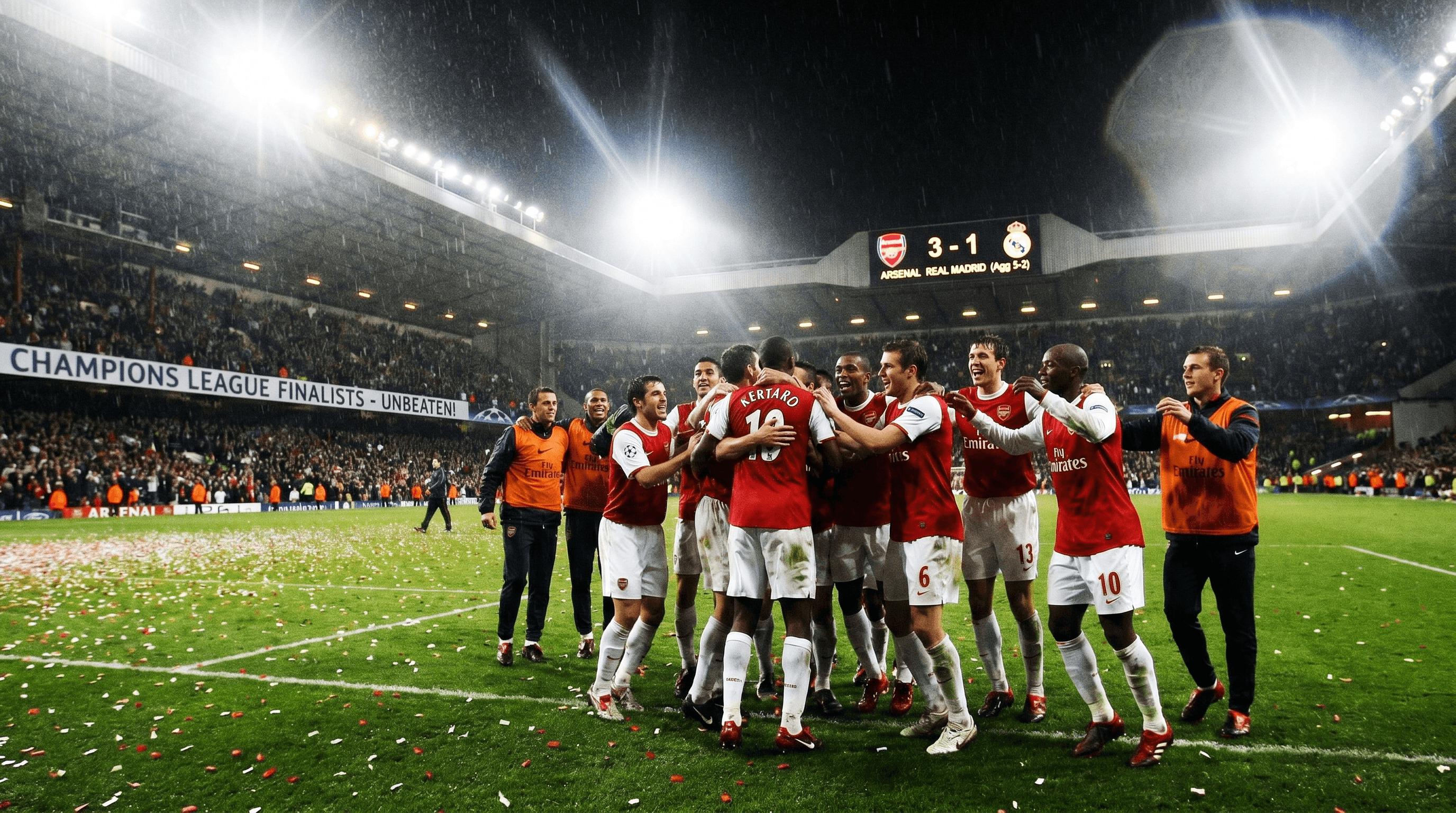 Arsenal celebra su victoria ante Barcelona en semifinales de Champions League, Saka y Martinelli destacados.