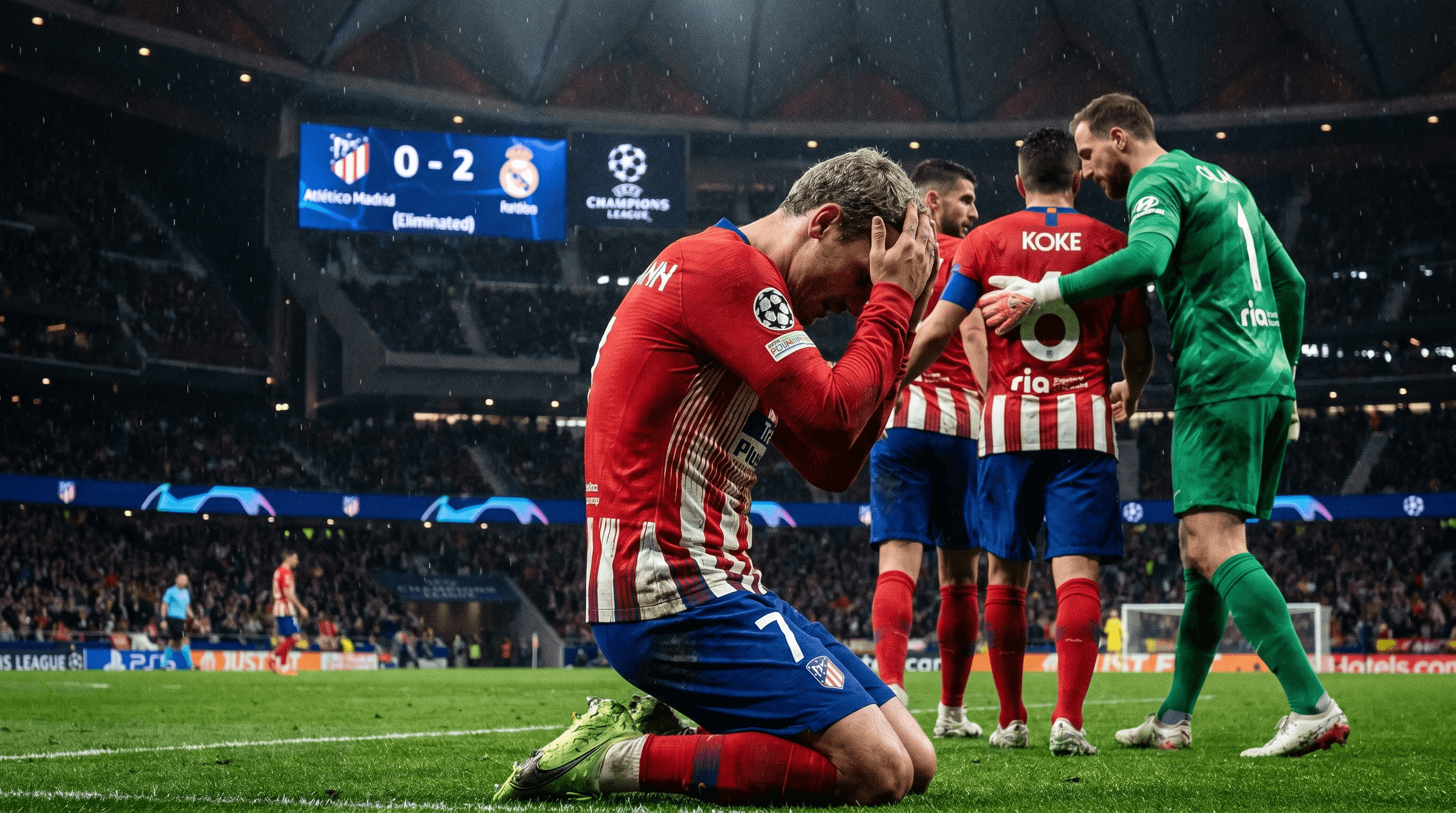 Antoine Griezmann celebra su gol en el último partido de Champions con el Atlético de Madrid